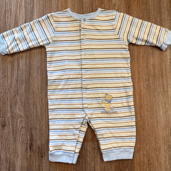 Vintage Disney Winnie Pooh Sleepers Pajamas Baby 3-6 Mo Striped Embroidered Snap - Picture 1 of 5